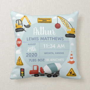 Coussin Garçons Cute Construction Digger Baby Boy Stats de