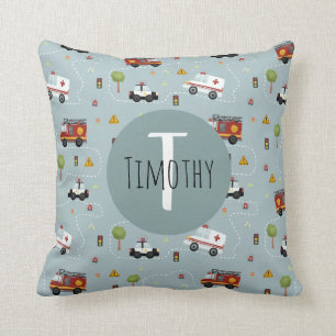 Coussin Garçons Cute Fire Camion & Police Voiture et nom E