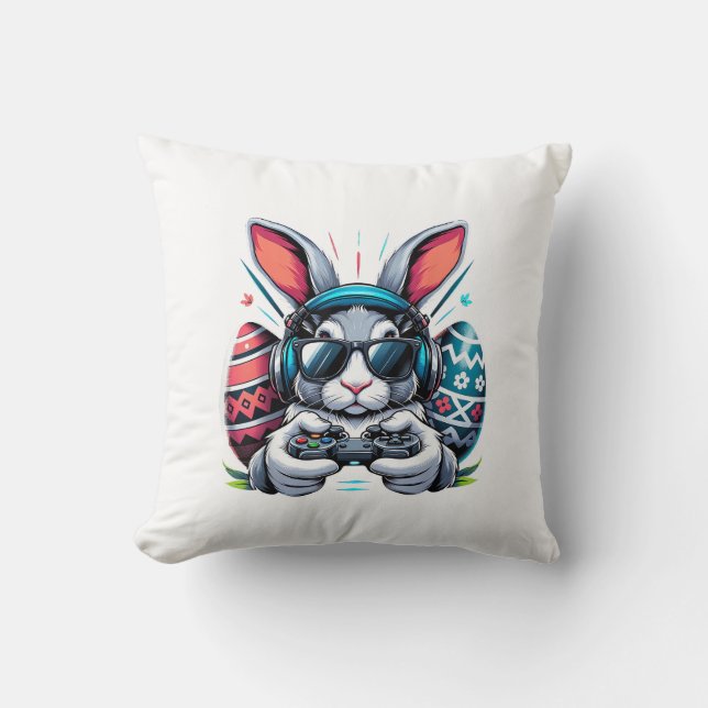 Coussin Garçons Joyeux Jour de Pâques Lapin Œuf Jeu Vidéo  (Recto)