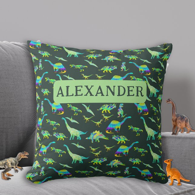 Coussin Garçons Personnalisés Dinosaure Vert (Dinosaur pattern personalized boys name dark green and teal Pillow custom dino home decor)