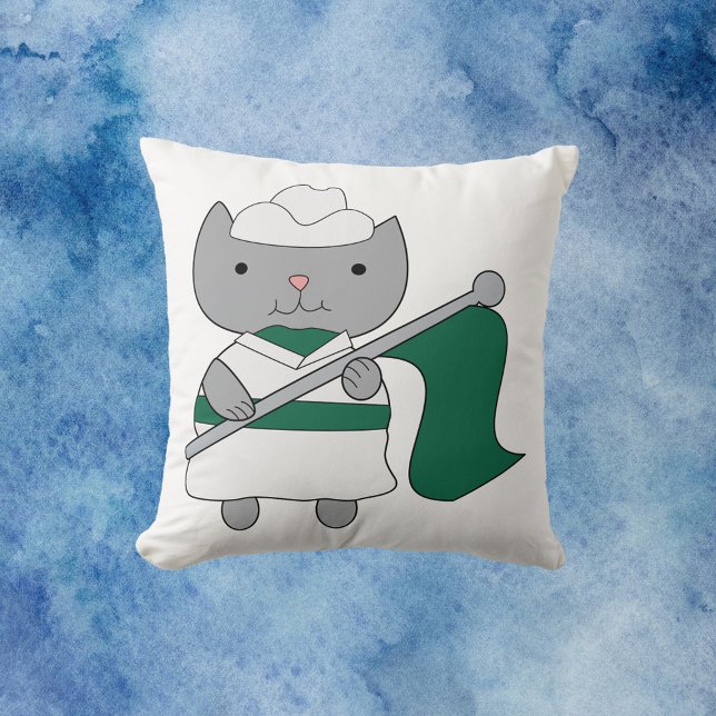 Coussin Garde couleur blanche Cat Green (A cute pillow with a gray cat wearing a green and white color guard uniform.)