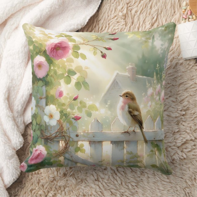 Coussin Garden Rose Bird Watercolor Scene (Couverture)