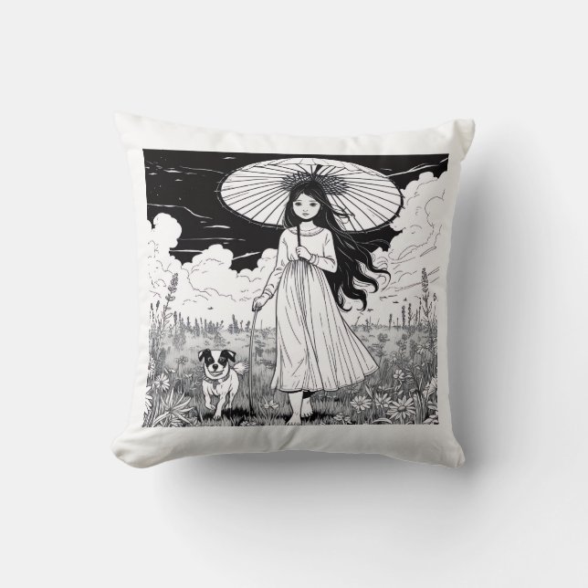 Coussin Garden Stroll Girl and Dog (Recto)