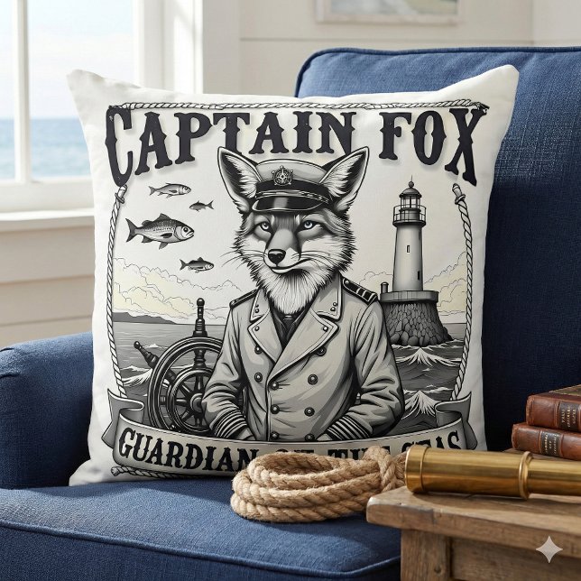 Coussin Gardien des Mers Renard Capitaine Dessin Nautical (Captain Fox Guardian of Seas Nautical Design Throw Pillow Mockup A)