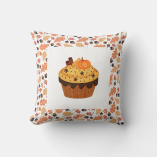 Coussin Gâteau cupcake de ferme d'automne avec feuilles or