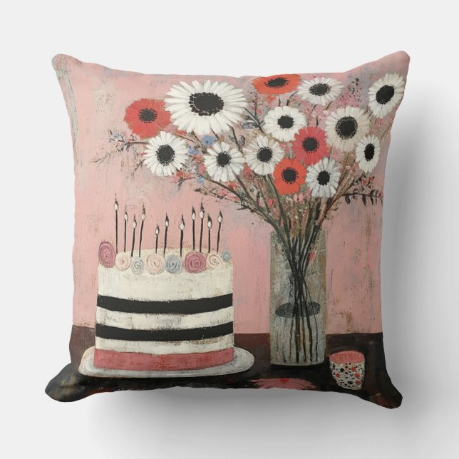 Coussin Gâteau d'anniversaire chic et fleurs de Gerbera (Recto)