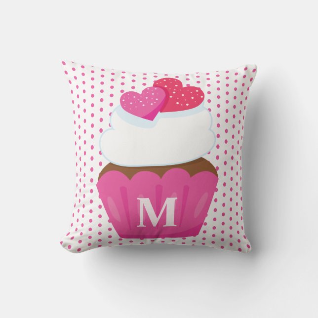 Coussin Gâteau Monogram Love Hearts Cupcake à pois pour la (Recto)
