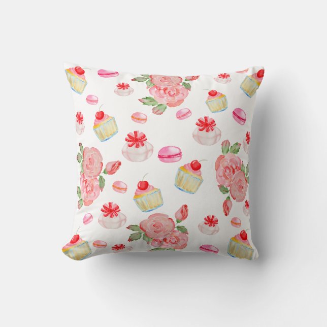 Coussin Gâteaux sucrés et roses en aquarelle (Recto)