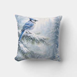 Coussin Geai bleu à l'aquarelle sur branche de pin