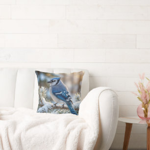 Coussin Geai bleu perché sur un pin enneigé