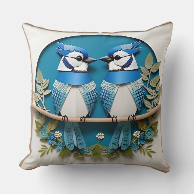 Coussin Geais bleus perchés parmi les détails floraux (Recto)