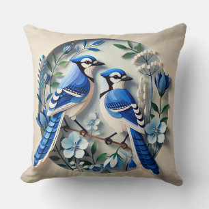Coussin Geais bleus stylisés sur papier botanique décorati