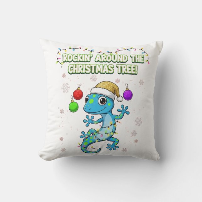 Coussin Gecko de Noël Rockin' – Déco de lézard des Fêtes m (Recto)
