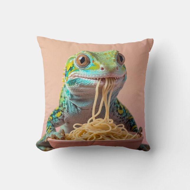Coussin Gecko Drôle Manger Spaghetti (Recto)