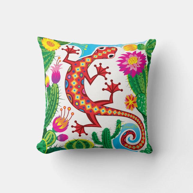 Coussin Gecko du Sud-Ouest avec Fleurs de Cactus (Recto)