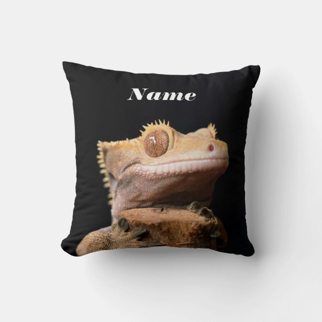 Coussin Gecko Lizard en crête sur noir (Recto)