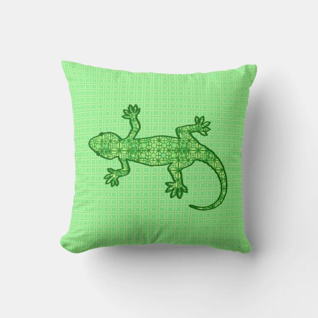 Coussin Gecko tribal de batik - chaux et vert vert (Recto)