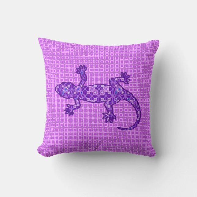 Coussin Gecko tribal de batik - pourpre de violette et (Recto)