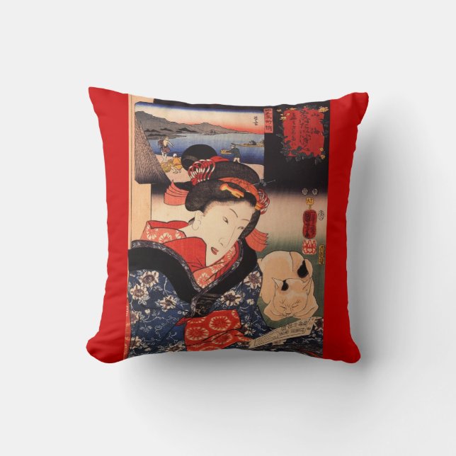 Coussin Geisha et son chat Throw Cushion (Recto)