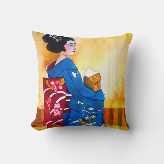 Coussin Geisha japonais avec kimono décoré et obi (Recto)