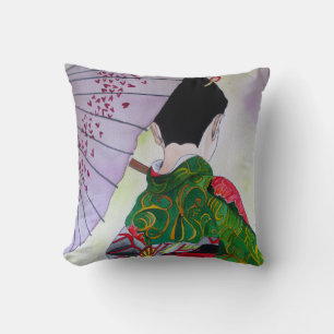 Coussin Geisha japonais avec kimono décoré et parapluie