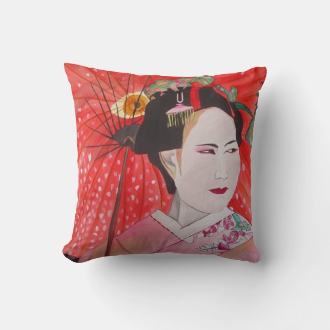 Coussin Geisha japonais avec parapluie rouge (Recto)