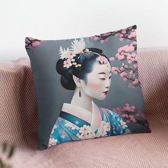 Coussin Geisha Japonais Dans Un Jardin En Fleurs De Cerisi (Créateur téléchargé)