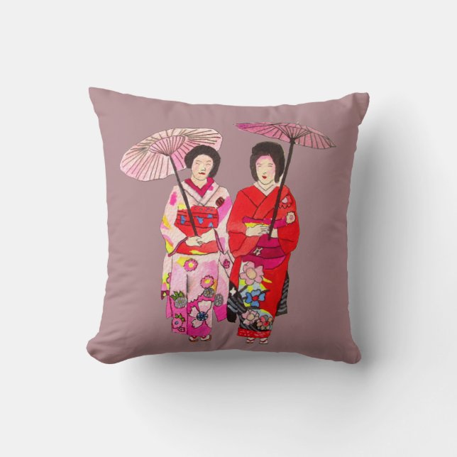 Coussin Geisha moderne japonais avec kimono rose et obi (Recto)