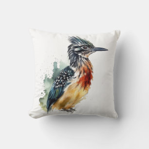 Coussin Géocoucou à plumes colorées en aquarelle