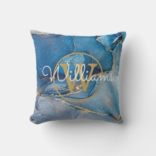 Coussin Géode d'agate bleue Monogramme Or Nom