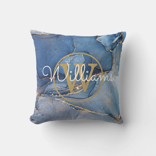 Coussin Géode d'agate bleue Monogramme Or Nom (Recto)