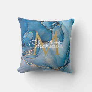 Coussin Géode d'agate bleue monogramme or script moderne