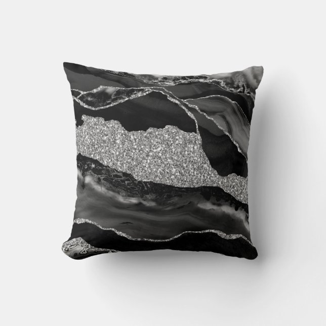 Coussin Géode d'agate Luxe Pailleté Argent Noir (Recto)