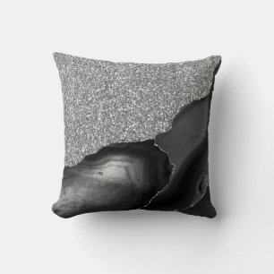 Coussin Géode d'agate Luxe Pailleté Argent Noir
