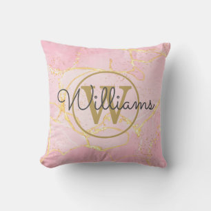 Coussin Géode d'agate rose Monogramme or Nom