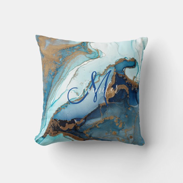 Coussin Géode de marbre d'agate bleue et or Kintsugi Monog (Recto)