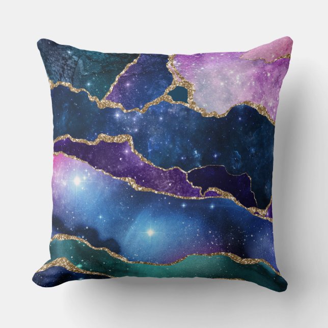 Coussin Géodes et galaxies bleu violet vert rose (Recto)