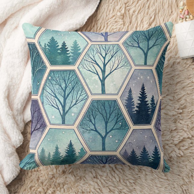 Coussin Geometric Winter Forest – Trees in Hexagon (Couverture)
