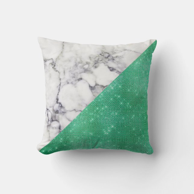 Coussin Géométrie minimale en marbre blanc noir vert à la  (Recto)