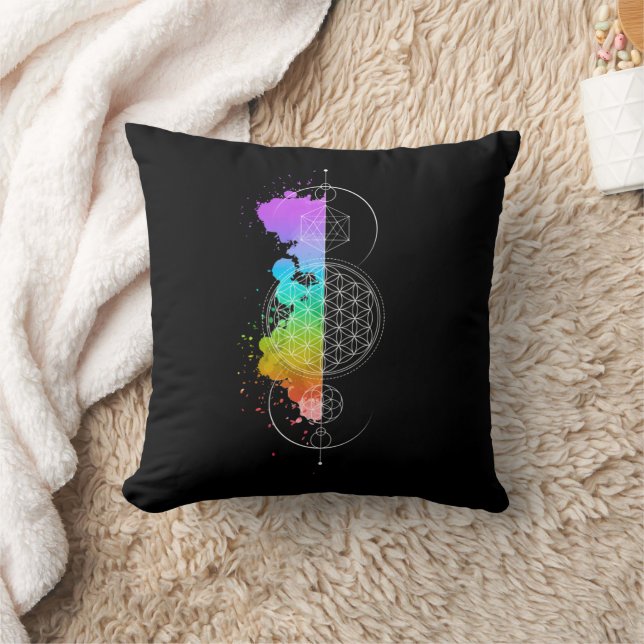 Coussin Géométrie sacrée – Noir avec couleurs des chakras (Couverture)