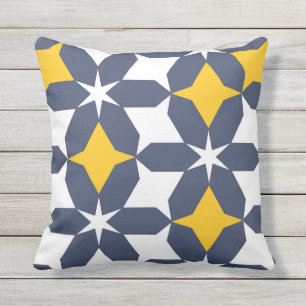 Coussin Géométrique, abstrait, bleu marine, blanc, jaune