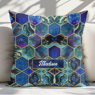 Coussin Géométrique bleu turquoise pailleté faux chic fémi
