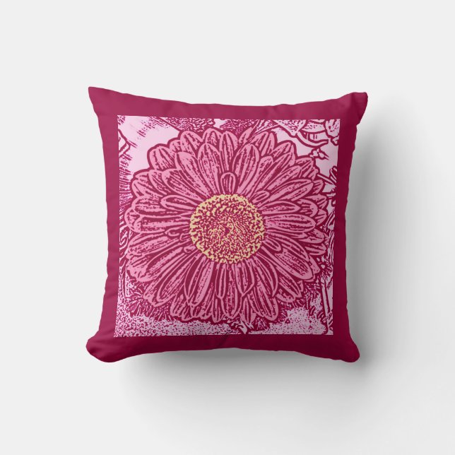 Coussin Gerbera Daisy Block Imprimer, Maroon & Pastel rose (Recto)