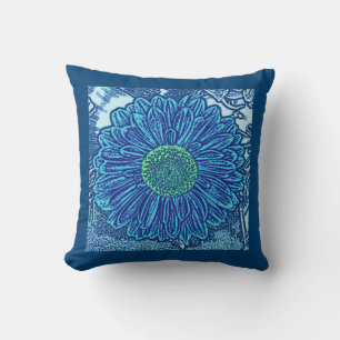 Coussin Gerbera Daisy Block Print, Cerulean & Indigo Blue