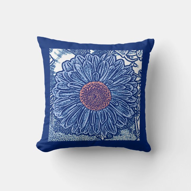 Coussin Gerbera Daisy Block Print, Cobalt et Sky Blue (Recto)