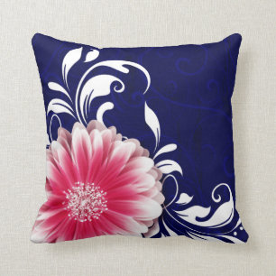 Coussin Gerbera Daisy Fancy Scroll fuchsia marine