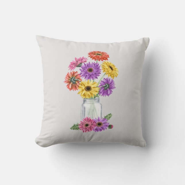Coussin Gerbera Gerber Daisy Aquarelle Mason Jar (Recto)