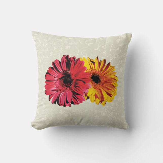 Coussin Gerbera marguerite jaune et rouge (Recto)