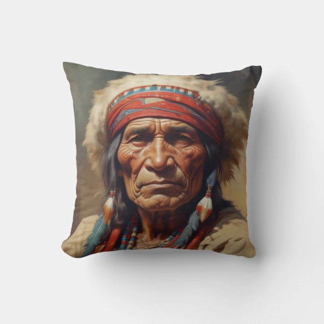 Coussin Geronimo Portrait du chef guerrier indien (Recto)