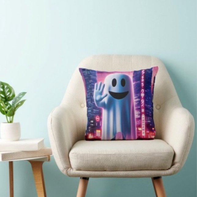 Coussin Ghosty Wave & Urban Lights  (Throw Pillow 100% polyester heavyweight stretch material. Hidden zipper Made in the USA.
)